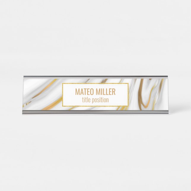 Golden And White Marble Desk Name Plate (Front)