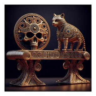 Golden Android Cat On Pedestal With Skull Shield Poster