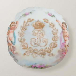Golden Angel Cherubs Rose Wreath Coussin rond