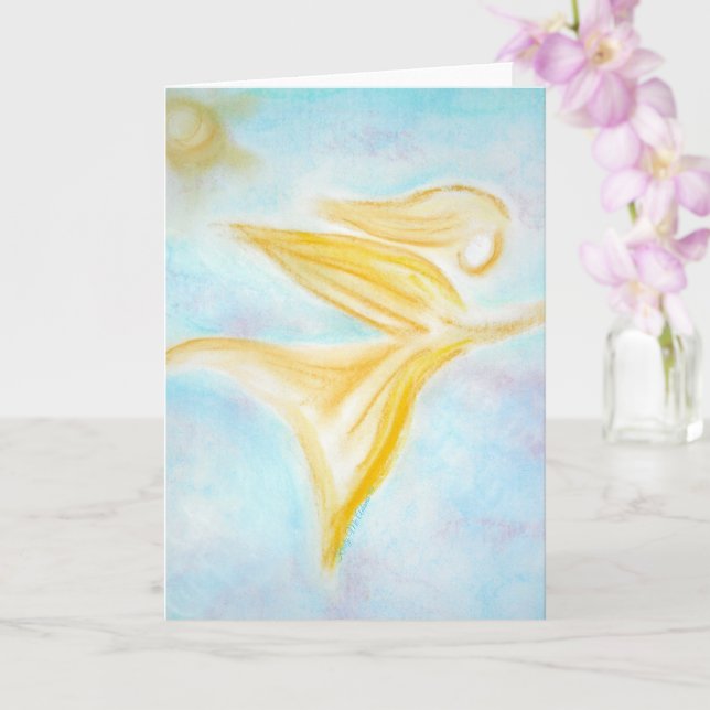 Golden Angel in Flight – Turquoise Sky Greeting Card (Orchid)