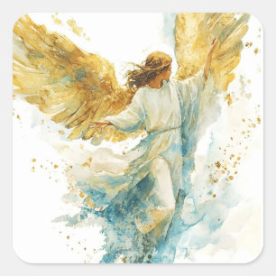 Golden Angel Watercolor Religious Angelic Art Square Sticker