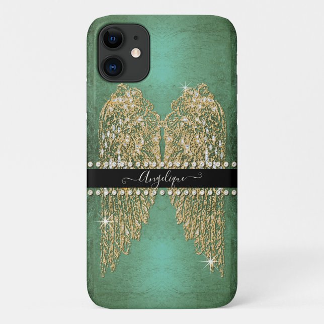 Golden Angel Wings Neo Mint Aqua Diamond Jewels Case-Mate iPhone Case (Back)