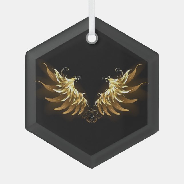 Golden Angel Wings on Black background Glass Ornament (Front)