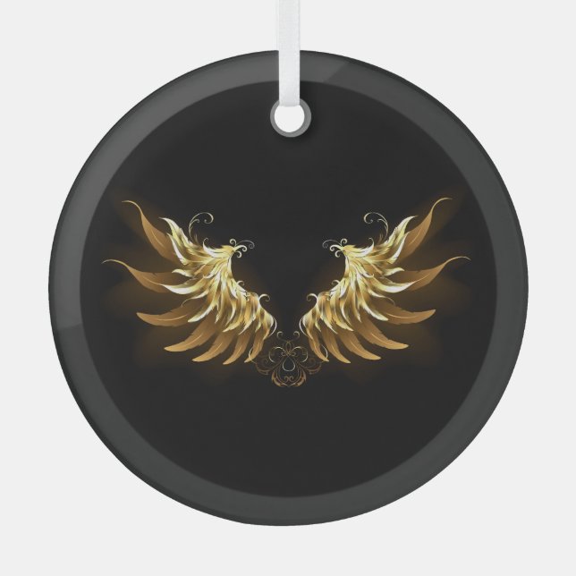 Golden Angel Wings on Black background Glass Ornament (Front)