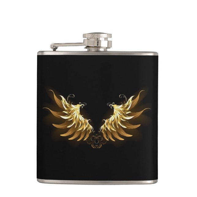 Golden Angel Wings on Black background Hip Flask (Front)