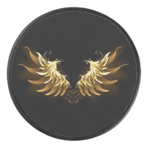 Golden Angel Wings on Black background Hockey Puck