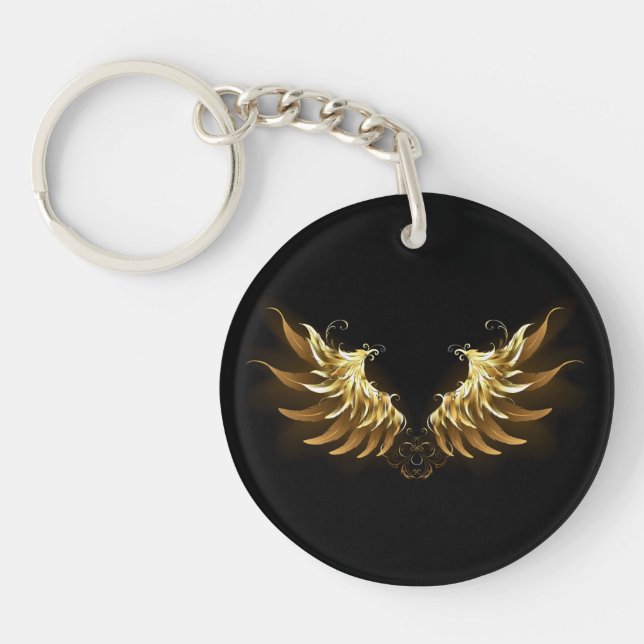 Golden Angel Wings on Black background Keychain (Front)