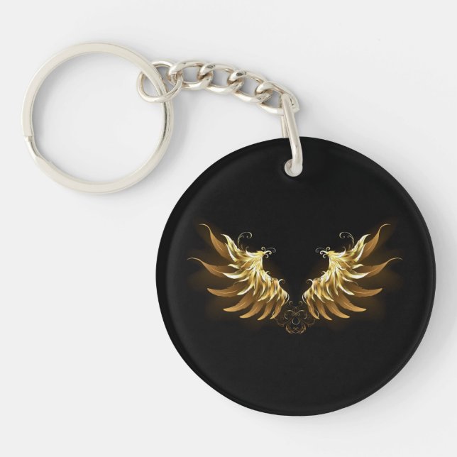 Golden Angel Wings on Black background Keychain (Front)