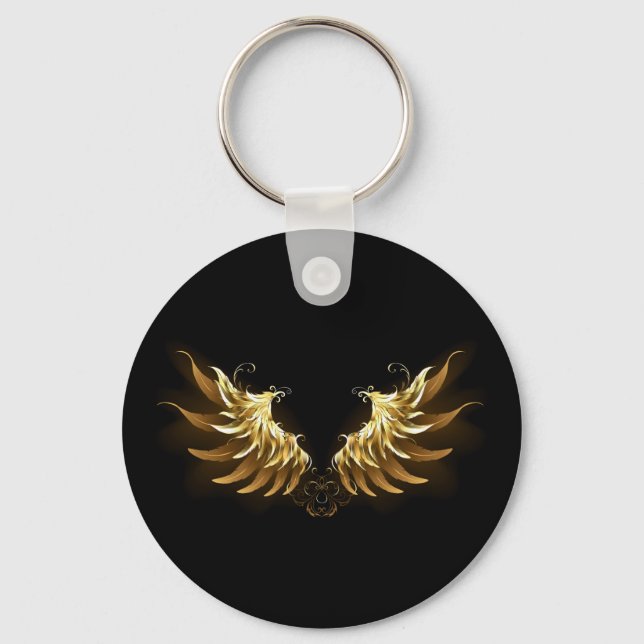 Golden Angel Wings on Black background Keychain (Front)