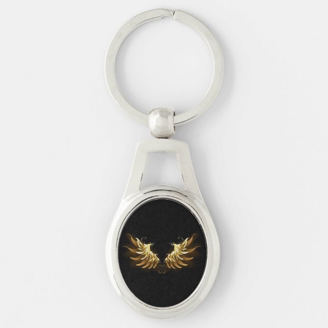 Golden Angel Wings on Black background Keychain (Front)