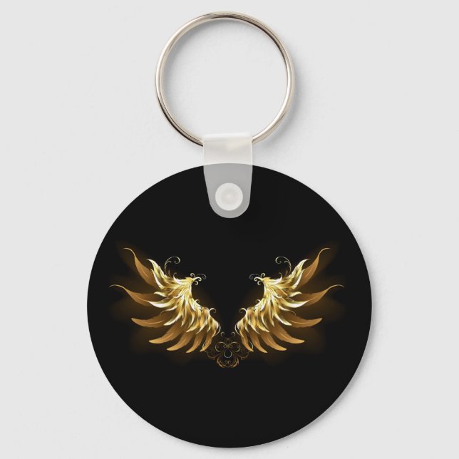 Golden Angel Wings on Black background Keychain (Front)