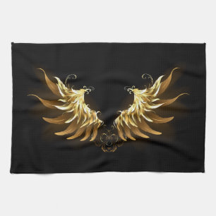 Golden Angel Wings on Black background Kitchen Towel