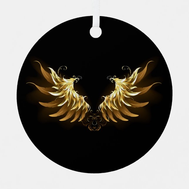 Golden Angel Wings on Black background Metal Ornament (Front)