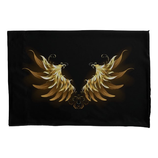 Golden Angel Wings on Black background Pillowcase (Front-Left)