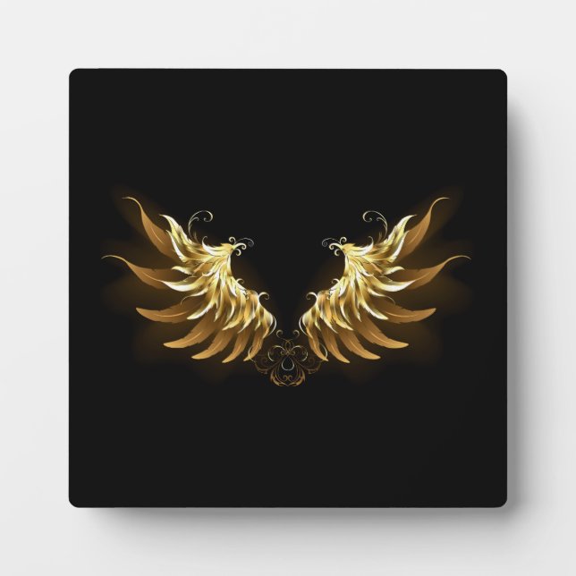 Golden Angel Wings on Black background Plaque (Front)