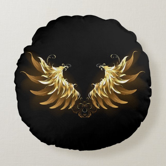 Golden Angel Wings on Black background Round Pillow (Front)