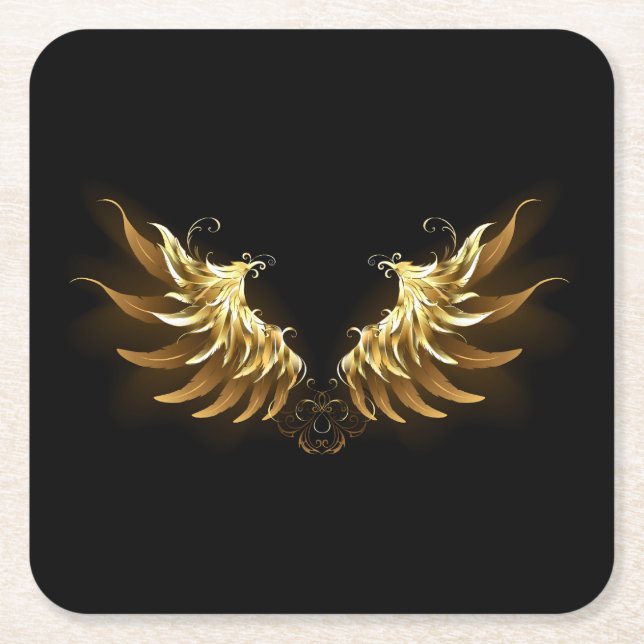 Golden Angel Wings on Black background Square Paper Coaster (Front)