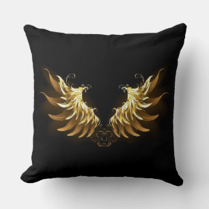Golden Angel Wings on Black background Throw Pillow