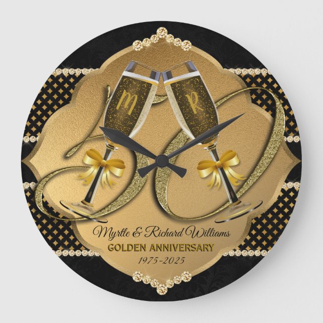 Golden Anniversary 50th Wedding Champagne Toast Large Clock (Front)