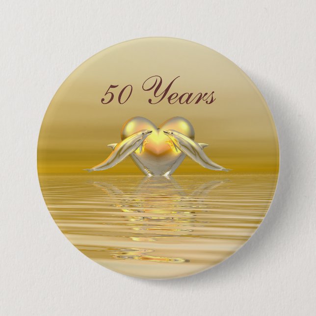 Golden Anniversary Dolphins and Heart 3 Inch Round Button (Front)