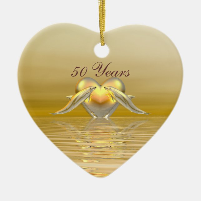 Golden Anniversary Dolphins and Heart Ceramic Ornament (Front)