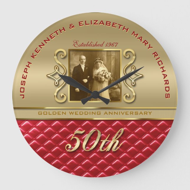 Golden Anniversary Faux Gold Quilted Red Leather Large Clock (Front)