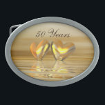 Golden Anniversary Hearts Belt Buckle<br><div class="desc">Oval shaped belt buckle with my original design of gold colored hearts floating on the water.  Text says "50 Years".</div>