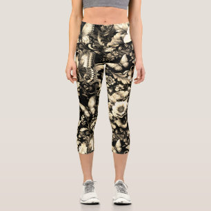  Golden Antique Floral with Butterflies  Capri Leggings