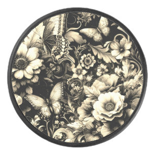 Golden Antique Floral with Butterflies Hockey Puck