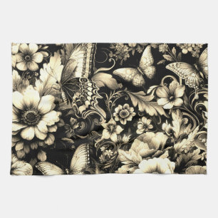 Golden Antique Floral with Butterflies Kitchen Towel