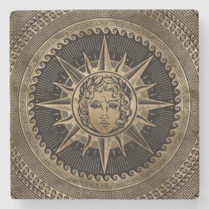 Golden Apollo Sun God on Greek Key Ornament Stone Coaster