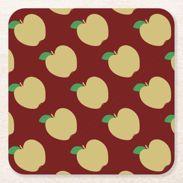 Golden Apple on Red Square Paper Coaster (Front)