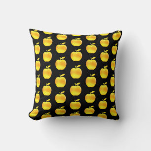 Golden Apple Pattern on Black Throw Pillow