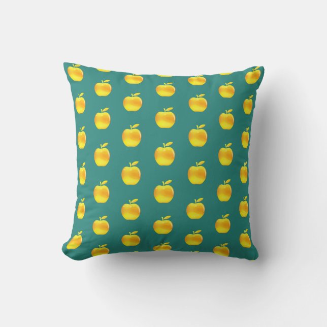 Golden Apple Pattern on Teal Throw Pillow (Front)