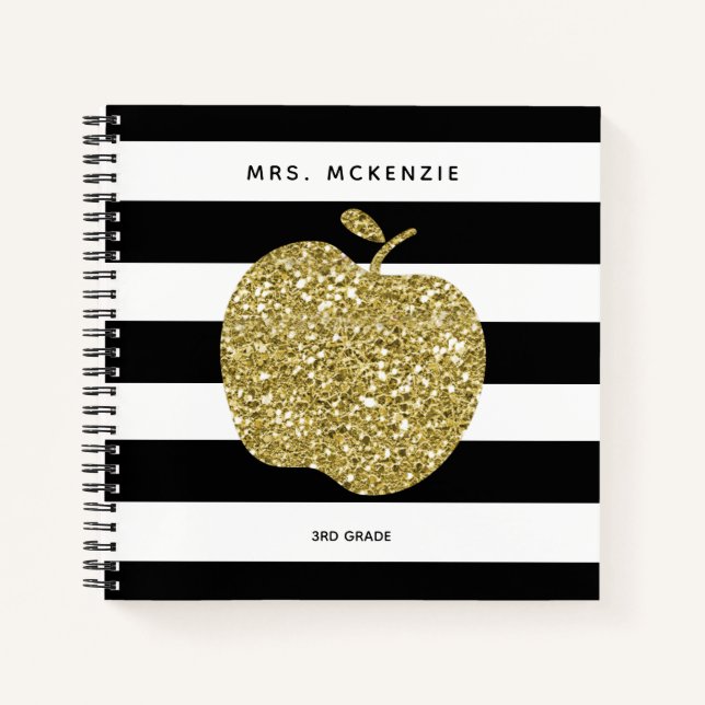 Golden Apple Teacher Spiral Notebook, Faux Glitter Notebook (Front)