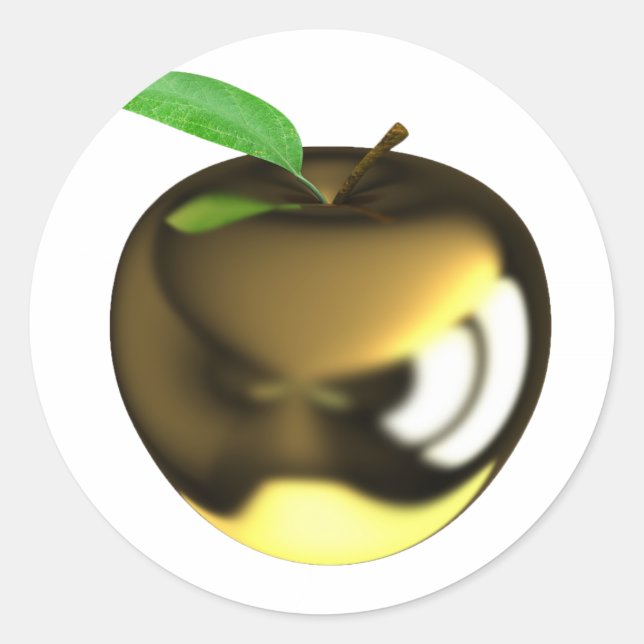 Golden Apple with Leaf Shiny Metallic Classic Round Sticker (Front)