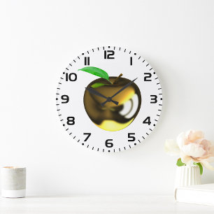 Golden Apple with Leaf Shiny Metallic Large Clock
