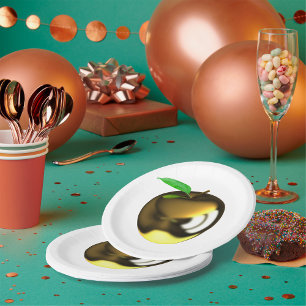Golden Apple with Leaf Shiny Metallic Paper Plate