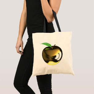 Golden Apple with Leaf Shiny Metallic Tote Bag