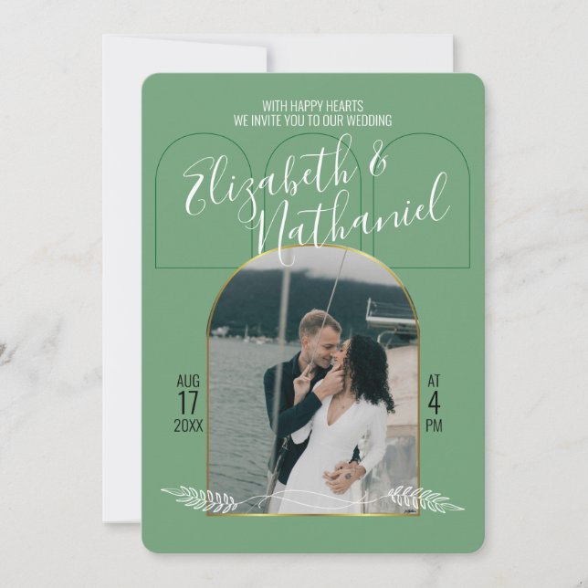 Golden Arch Boho Script Green Photos Custom Invitation (Front)