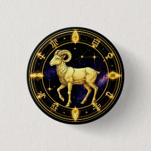 Golden Aries Zodiac Circle With Ram 1 Inch Round Button