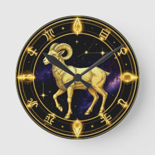 Golden Aries Zodiac Circle With Ram Round Clock