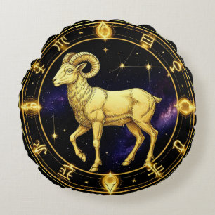 Golden Aries Zodiac Circle With Ram Round Pillow