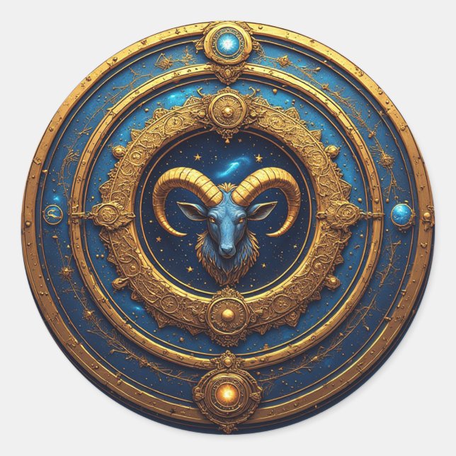 Golden Aries Zodiac Shield Classic Round Sticker (Front)