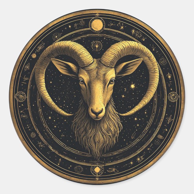 Golden Aries Zodiac Shield Classic Round Sticker (Front)