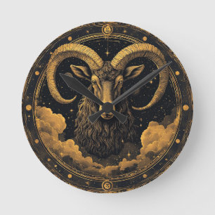 Golden Aries Zodiac Shield Round Clock