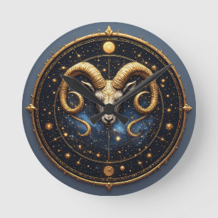 Golden Aries Zodiac Shield Round Clock