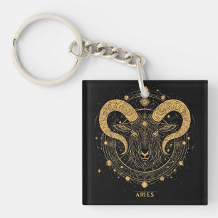 Golden Aries Zodiac Symbol With Ornaments Keychain