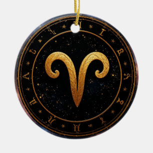 Golden Aries Zodiac Wheel Symbol Ceramic Ornament