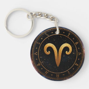 Golden Aries Zodiac Wheel Symbol Keychain